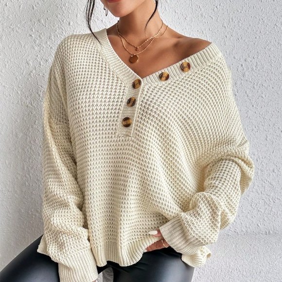 Apricot Casual Womens Half Button Drop Shoulder Waffle Knit Sweater - Picture 5 of 7